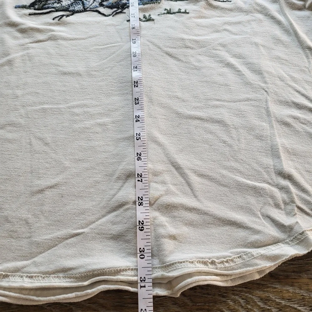 AKOO Mens XL Cream T-Shirt Embroidered Panther Graphic Raw Edge Curved Hem Tee